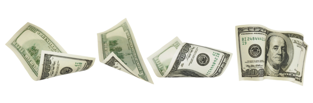 Set of flying hundred dollars banknotes isolated on white, clipping path