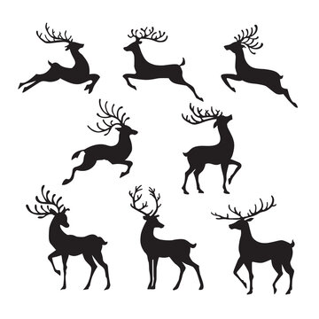 Collection of Black silhouette of Dear head with big antlers. Vector illustration.
