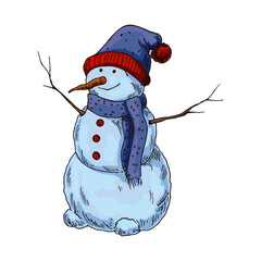 Colorful sketch of snowman, isolated vector icon.