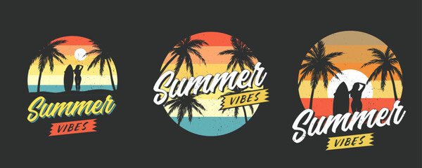 Collection of Summer graphics for apparel. Retro 80's designs for tshirts. Vintage labels with miami vibes. Summer mood tropical vector silhouettes.