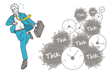 Busy male businessperson pressed for time and work [Vector illustration].