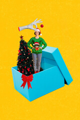 Vertical creative collage of black white colors arm hold mini girl inside giftbox decorated tree isolated on yellow background