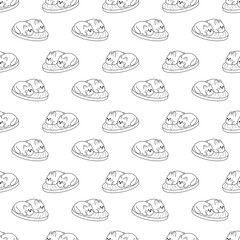 Manju pattern15. Cute Japanese pies in the form of a cat and a rabbit. Doodle black and white cartoon vector illustration.