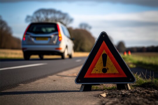 Hazard warning sign on the road as a car has broken down and likely to cause danger to the road or more traffic congestion problems