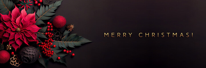 Christmas copy space made of poinsettia, baubles and berries. Festive banner with black background. Merry Christmas!