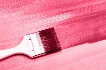 Painting white wooden surface with white paintbrush and red color color. Demonstrating Viva Magenta - trendy color of the year 2023