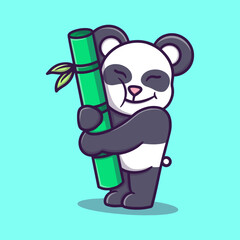 cute panda hugging bamboo cartoon vector icon illustration
