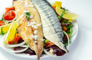 Hot smoked scottish mackerel fillets with onions, tomato and salad