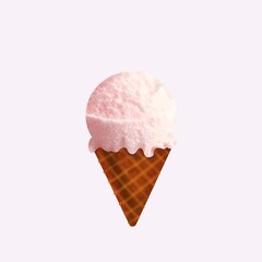 Pink and white ice cream in a waffle cup on a white background, digital illustration.