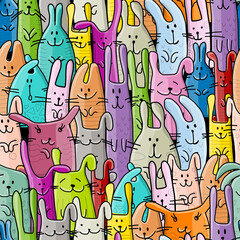 Obraz premium Funny Bunnies family. Seamless pattern background with Rabbits. Symbol of 2023 chineese new year. Cute characters, childish style. Vector illustration