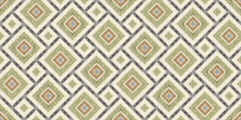 Forest green decorative damask seamless border. Geometric kaleidoscope linen for wallpaper washi tape. Printed fabric of optic trendy vintage design. 