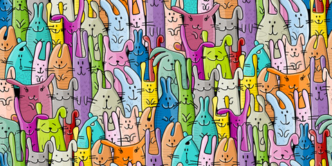 Funny Bunnies family. Seamless pattern background with Rabbits. Symbol of 2023 chineese new year. Cute characters, childish style. Vector illustration