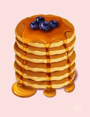 Pancakes with honey and blueberries on a pink background, digital drawing.