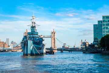 Tower Bridge and HMS Belfast on a summer day in London, England