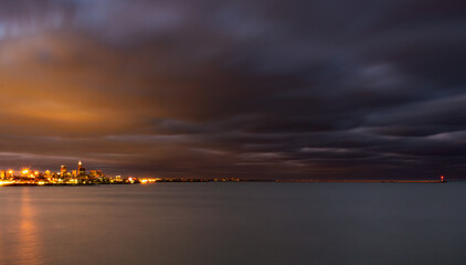 Cloudy sunrise shot of Cleveland from afar.