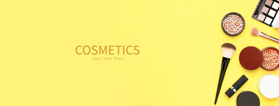 Makeup. Set of decorative cosmetics mascara powder lipstick eyeshadow blush makeup brush on colorful background top view Flat lay copy space. Creative Fashion background. Beauty blogger concept