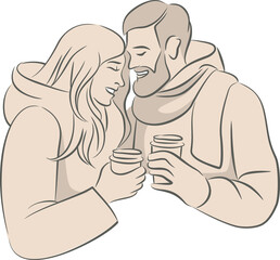 Cute couple in love in warm clothes holding paper cups with hot coffee or mulled wine in their hands. Simple linear drawing on transparent background