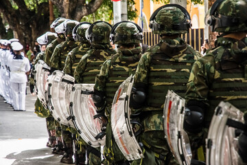 Soldiers of the Brazilian army are standing in line, waiting for the independence parade