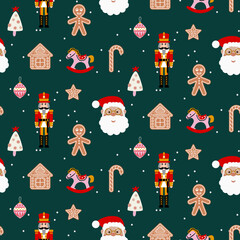 Merry Christmas seamless pattern. Red and green joyful background with Santa, nutcracker and ginger toys.