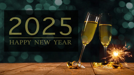 Happy New Year 2025 festive celebration holiday greeting card banner - Toasting Champagne or...