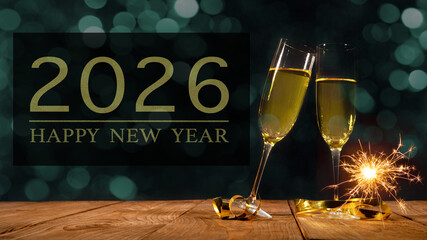 Happy New Year 2026 festive celebration holiday greeting card banner - Toasting Champagne or sparkling wine glasses and sparklers on wooden table