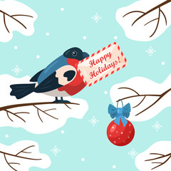 Funny flat bullfinch with Santa mail on winter background. Vector cartoon illustration with snowflakes. Square image of cute winter bird character in bright colors for poster or greeting card