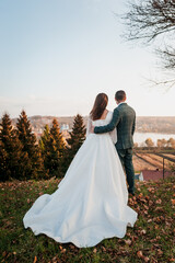 The groom holds the bride's hand against the backdrop of a beautiful landscape. The newlyweds hold each other's hands