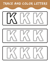 Trace letters for kindergarten and preschool kids. Write and color. Writing letters k. vector illustration.