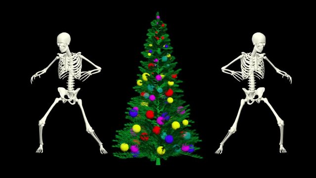 The skeletons are dancing with the Christmas tree. Christmas skeletons dance. 3D dancing skeletons.