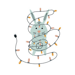 Rabbit in holiday garland on white background