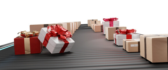 Christmas gifts, festive Christmas presents on conveyor belt and postal packages 3d illustration