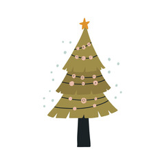 Cute green Christmas tree with garland on white background
