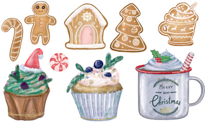 Christmas sweets watercolor set. Gingerbread Cookies, Decortative Xmas cupcakes, cacao cup with a holly plant. Design for winter holidays backgrounds, cards, posters.