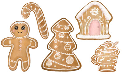 Gingerbread Cookies set isolated on transparent background. Decortative hand painted watercolor Xmas tree, cup, man, candy cane, house. Design for winter holidays.