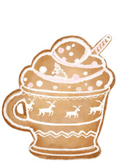 Gingerbread cookie with white icing, cup shape. Watercolor hand painted illustration isolated on transparent background. Christmas ginger cookie.