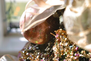 Closeup of christmas tree decorations and ornaments