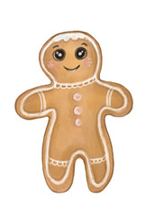 Cookie man. Gingerbread cookie with white icing, man shape. Watercolor hand painted illustration isolated on transparent background. Christmas ginger cookie.