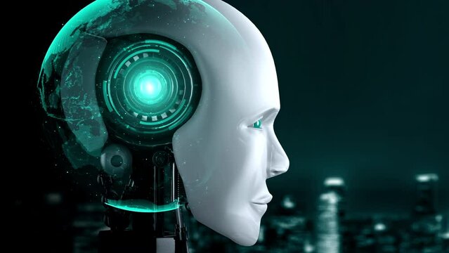 Futuristic robot artificial intelligence huminoid AI programming coding technology development and machine learning concept. Robotic bionic science research for future of human life. 3D rendering.