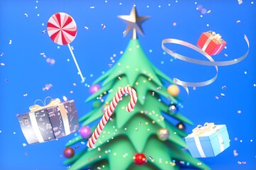 the concept of gifts for Christmas. Christmas tree around which gifts and lollipops fly on a blue background. 3D render