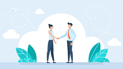 Handshake of business partners. Handshake man and woman. Meet business partners. Business people. Hand shaking meeting agreement. Symbol of a successful deal, or transaction. Flat illustration - obrazy, fototapety, plakaty