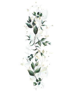 Watercolor painted floral frame. Arrangement with branches and leaves and gold elements. Cut out hand drawn PNG illustration on transparent background. Watercolour isolated clipart drawing.