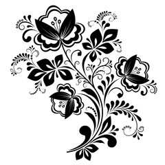 Decorative black and white composition of flowers, leaves, swirls on a white isolated background. Floral pattern for design.