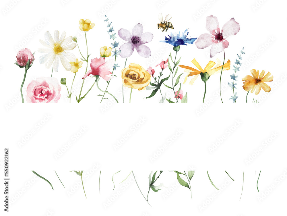 Wall mural watercolor painted floral frame. blue, pink and yellow wild flowers, branches, leaves and twigs.cut 