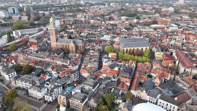 Zwolle historic city center aerial overview. Municipality in the Netherlands in the province of Overijssel. Buildings, infrastructure, canals and roads.