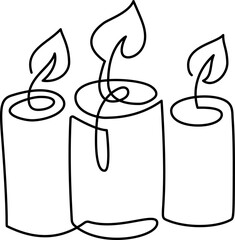 Hand drawn one line vector burning three candles logo icon. Continuous Christmas advent outline illustration for greeting card, web design isolated holiday invitation
