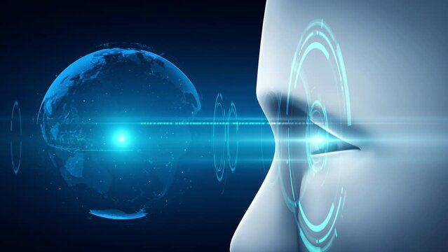 Robot hominoid face close up with graphic concept of AI thinking brain , artificial intelligence and machine learning process for the 4th fourth industrial revolution. 3D rendering