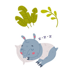 Cute Grey Tapir Animal with Proboscis Sleeping on Pillow and Green Foliage Vector Set