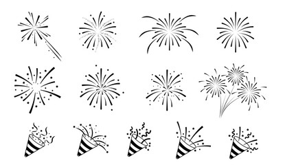 Set of firework icons.Fireworks with stars and sparks isolated on white background.Party popper.Firework simple black line icons. - obrazy, fototapety, plakaty