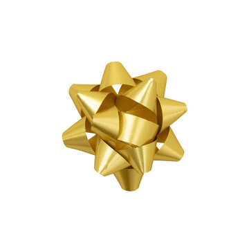 Golden Christmas Bow Ribbon Isolated From White Background. Clipping Path Included.