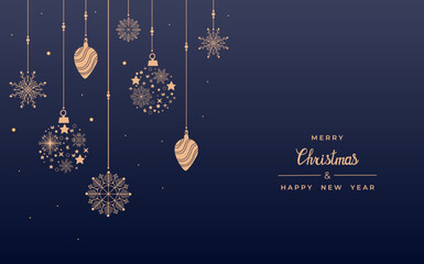 Merry Christmas and Happy New Year. Xmas background with Snowflakes, star and balls design. Vector illustration.